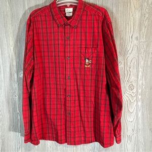 Disney Store Mickey Mouse Red Green Tartan Plaid Button Down Shirt Mens XL